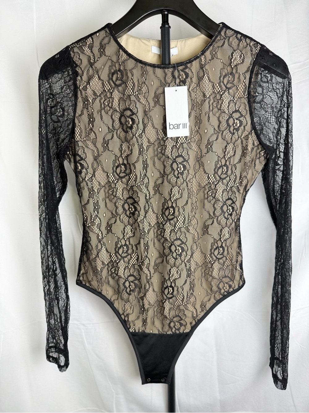 Bar III Black Lace Long-Sleeve Bodysuit s